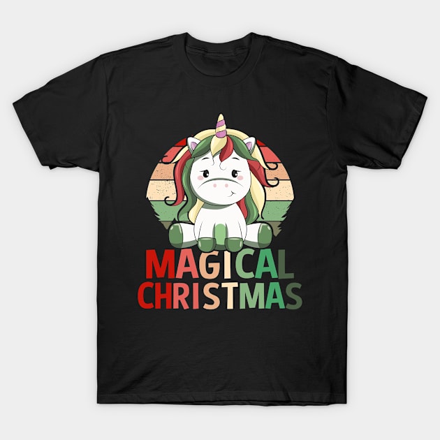 Retro Sunset Magical Christmas Unicorn T-Shirt by CoffeeandTeas